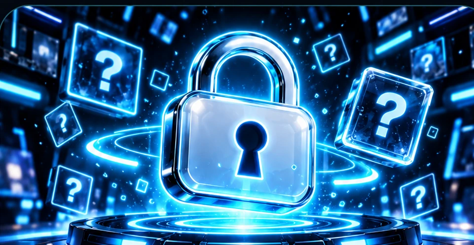 A glowing 3D padlock surrounded by holographic mystery cards